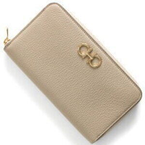 Salvatore Ferragamo Double Gancini Long Wallet Zipper Beige DAINO
